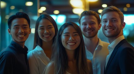 Obraz premium The team smiles confidently at the camera, their environment crisp with LED subtly glowing in the background