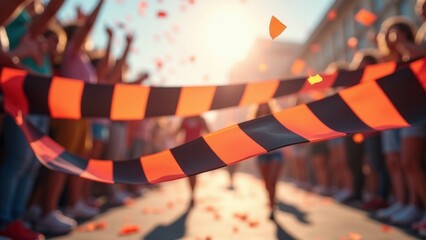 Finish line tape, Close-up of finish line tape fluttering in sunlight celebrating victory with vivid confetti against blurred crowd.