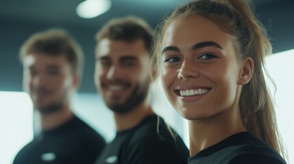 Obraz premium The team smiles confidently at the camera, their environment crisp with LED subtly glowing in the background