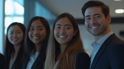 Fototapeta premium The team smiles confidently at the camera, their environment crisp with LED subtly glowing in the background