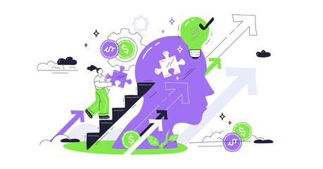 Skill training involves growth and creativity, featuring a head, puzzle piece, and arrows. Playful style