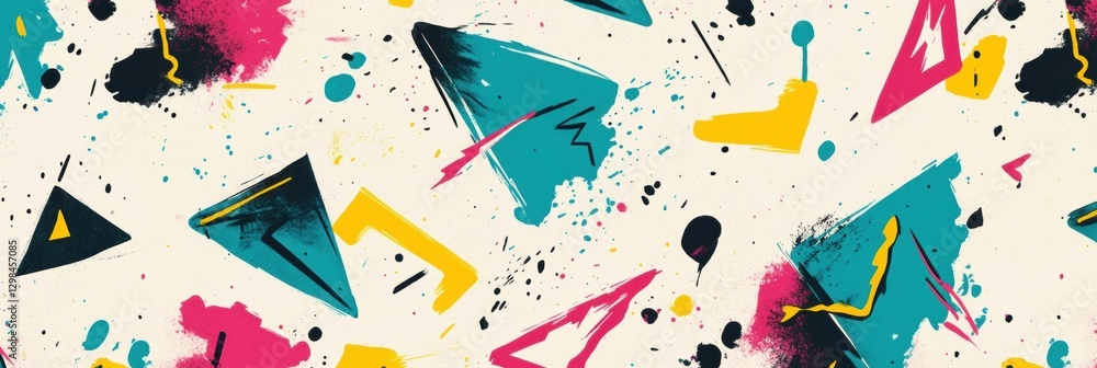 Poster colorful abstract design featuring geometric shapes and splashes of paint in vibrant hues across a l