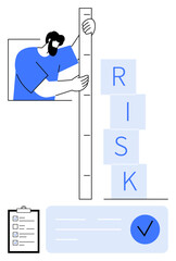 Man measuring stack of blocks labeled RISK with ruler, next to checklist and blue checkmark. Ideal for risk management, assessment, analysis, business strategy, decision making, project planning