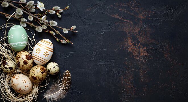 Easter eggs and pussy willow branches on dark background with copy space. Spring holiday celebration. Traditional decoration for Easter Sunday and Orthodox Easter - Powered by Adobe