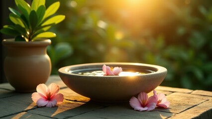 Foot washing bowl, An ancient stone foot washing bowl glows softly under sunlight surrounded by minimalist gardenias lush green and golden 