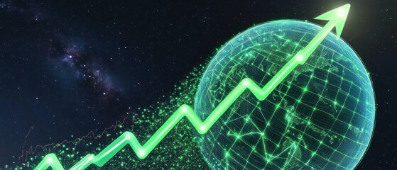 Green Arrow Ascending over Digital Globe with Starry Background