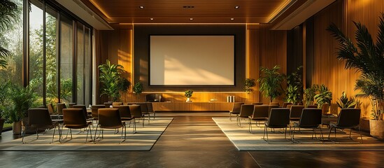 A high-end conference hall with a large projector screen displaying corporate presentations, minimalist decor, and empty chairs arranged for a meeting.