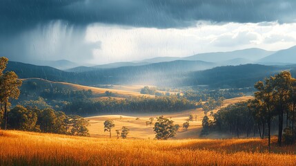 Fototapeta premium Rain Shower Over Golden Hills and Mountains Landscape with Sunlight