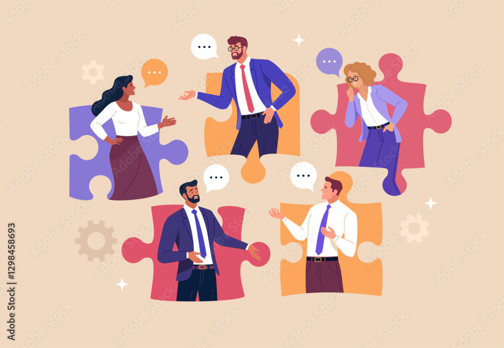 Fototapete business teamwork concept. vector illustration in flat style of puzzle pieces with different people 