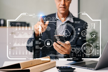 Hand touching secure access service edge icon on smartphone virtual screen background, password, network, framework and support technology in office. secure access service edge concept.