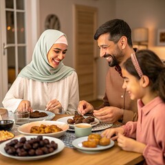 Happy Muslim family having iftar dinner to break fasting during Ramadan dining table at home group of people eating a healthy food dates.