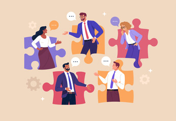 Business Teamwork Concept. Vector illustration in flat style of puzzle pieces with different people in business suits in each - talking to each other. Isolated on background.