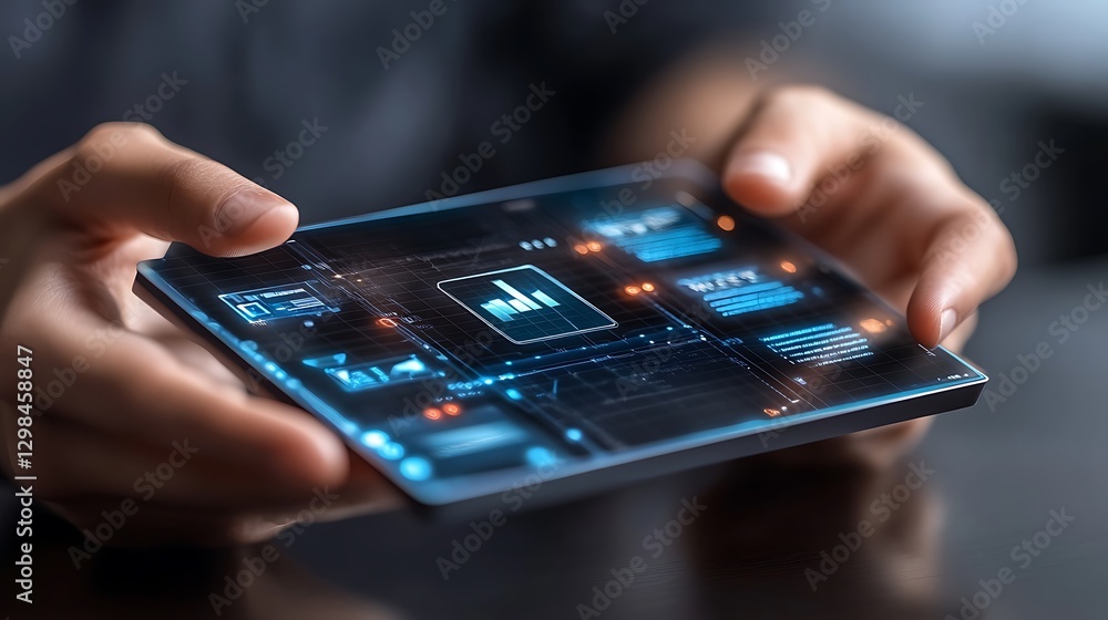 Poster a person holds a futuristic tablet displaying complex data
