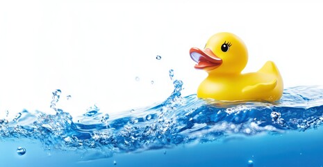Yellow rubber duck splashing in water on white background