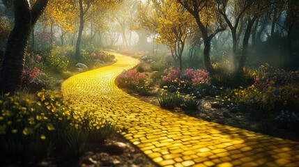 Golden path in the wizard of oz. Enchanted yellow road with a magical brick. Emeralds and a city of oz magicians in springtime. The yellow brick road in the wizard of oz lifestyle.