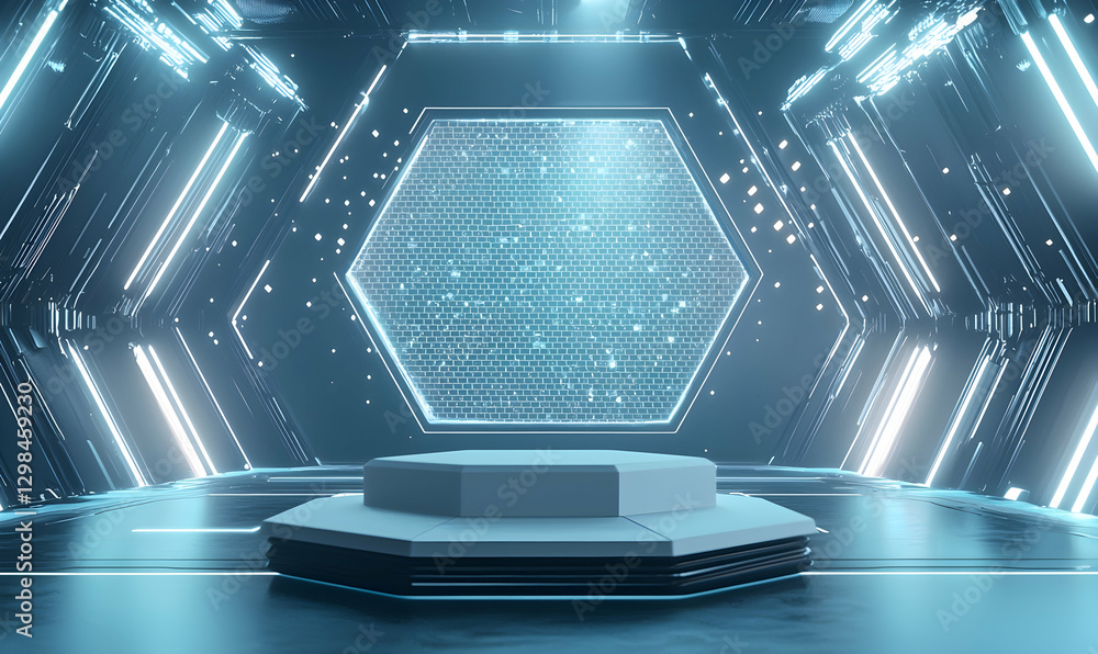 Aufkleber futuristic setting with hexagonal podium for sleek presentations.