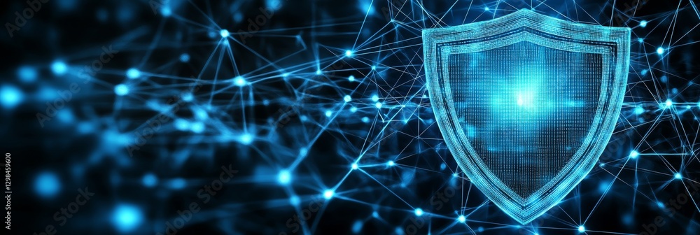 Poster digital protection abstract security shield on tech background with connected dots, and triangles