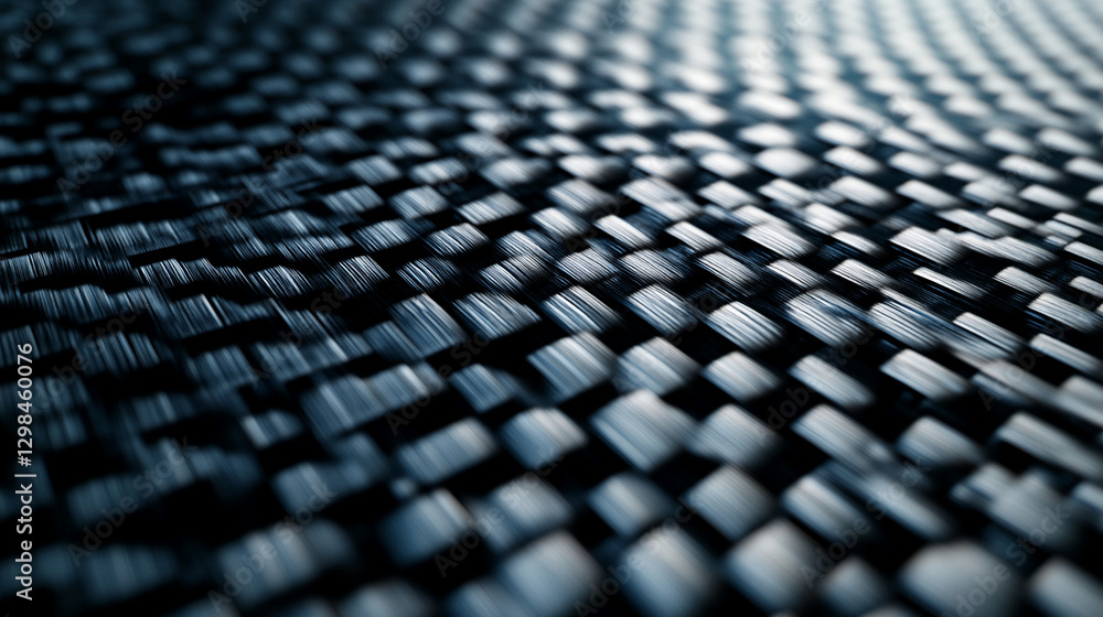 Poster close-up of a textured woven fabric pattern, showcasing a sleek and detailed black grid-like surface