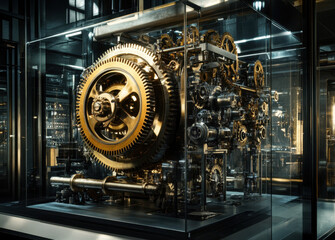 Fototapeta premium A detailed large machine composed of intricately designed gold and silver components is displayed in a contemporary industrial environment