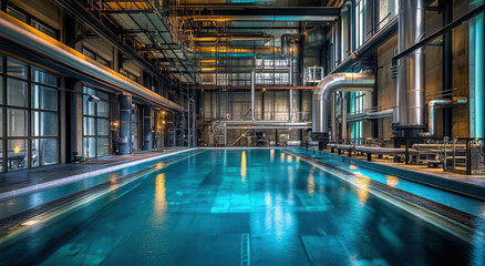 Fototapeta premium This large indoor pool showcases industrial architecture with metal pipes and expansive windows bringing in natural light