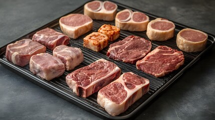 Fototapeta premium Assorted Raw Meat Cuts on Grilling Tray Steak Food Photography