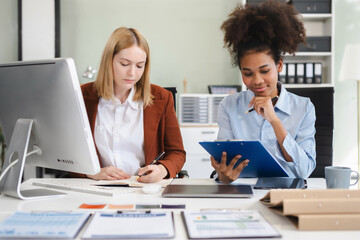 Businesspeople coworker in office. Meeting Presentation for analysis graph company financial. People Work in Business Office.