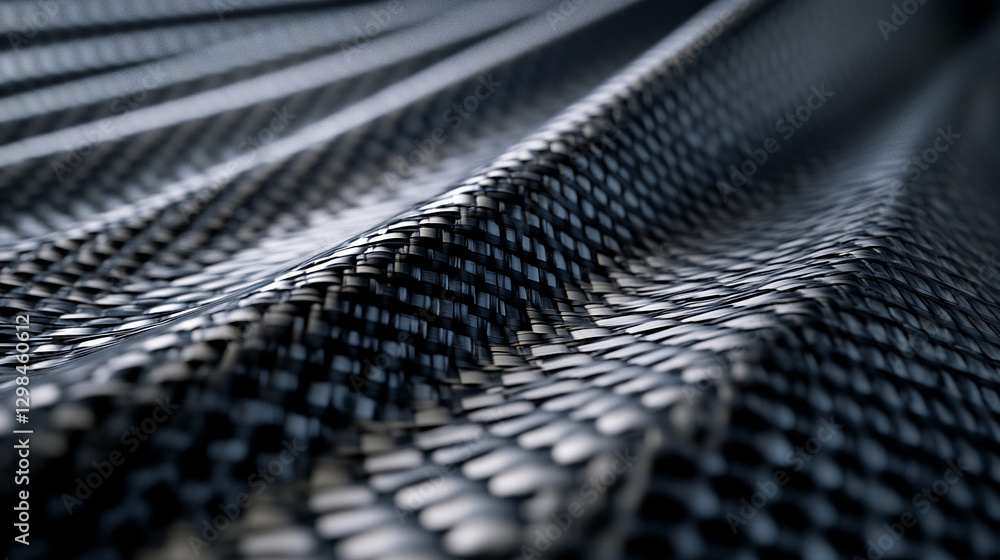 Poster close-up view of black carbon fiber texture with a smooth and glossy surface, showcasing the interwo