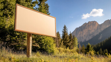 A blank billboard stands tall against a backdrop of majestic mountains and lush greenery, inviting potential advertisers to convey summer-themed messages in this serene outdoor location