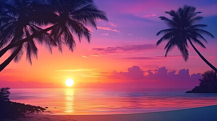 Sunset on the beach with palm trees, ocean shore. Amazingly colorful sunrise on the sea beach with reflective pink sand and bright clouds. Horizontal banner copyspace.