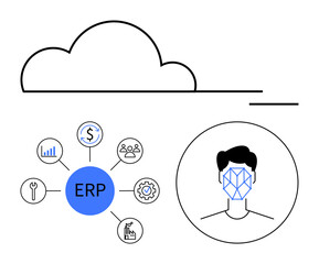 Cloud outline, ERP hub with finance, analytics, tools, team icons, profile AI recognition. Ideal for automation, AI-driven solutions, business workflow optimization data cloud tech abstract line