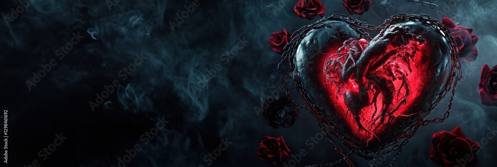 Poster dark heart surrounded by roses with chains and smoke creating a dramatic and intense atmosphere. gen
