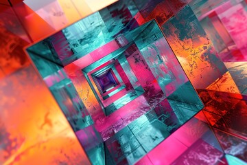 3D square design with metallic elements and vibrant pink, orange, and turquoise color accents