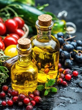 Golden elixir in glass bottles surrounded by fresh garden produce