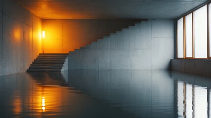 Fototapeta premium Interior Architecture with Water Reflection and Staircase