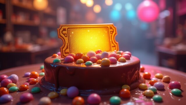 Golden ticket, A glowing golden ticket atop a chocolate fountain under soft multi-colored lights in a bright fantasy setting