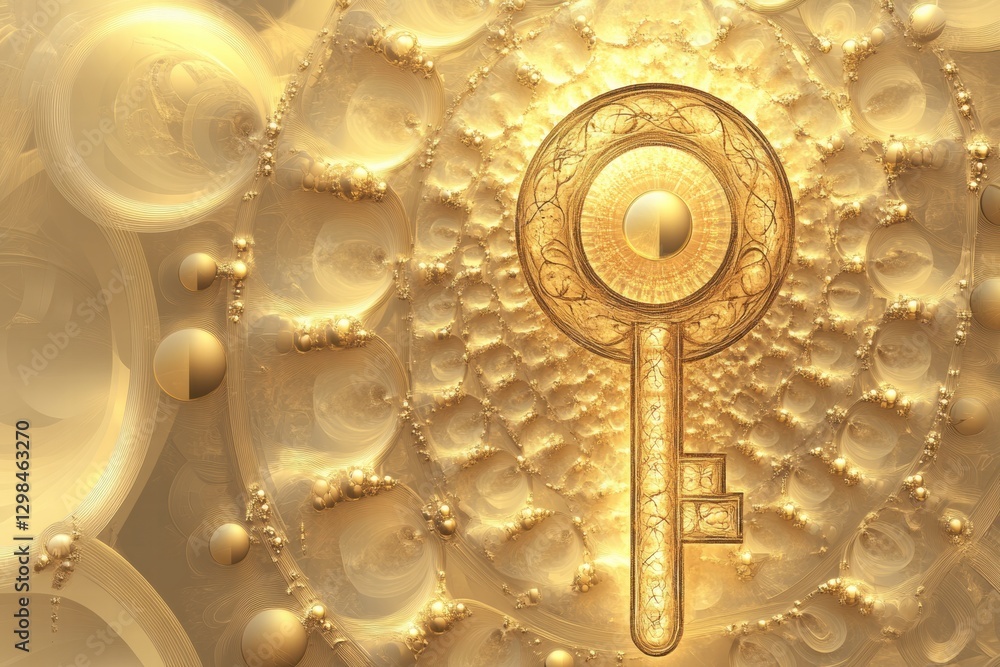 Poster golden key design surrounded by intricate patterns and textures in an abstract composition. generati