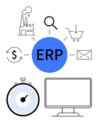 Blue ERP circle connecting to industry magnifying glass shopping cart, dollar sign, letter envelope. Below, timer and computer icon. Ideal for efficiency, time management, logistics, finance