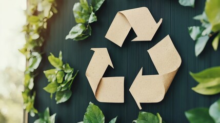 Recyclable materials symbol surrounded by green leaves in a vibrant outdoor setting showcasing environmental awareness