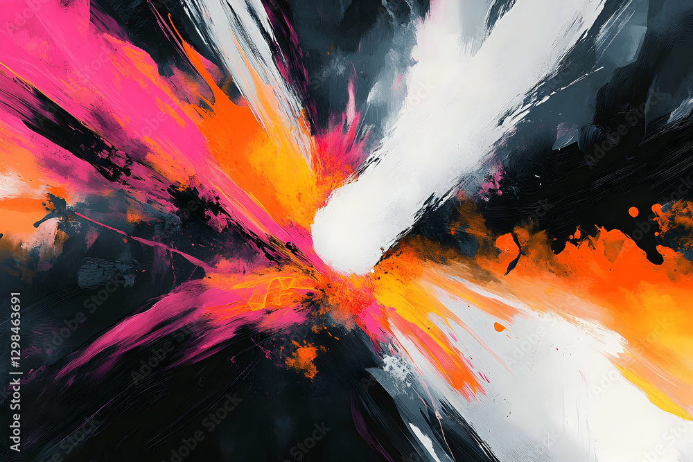 Poster an abstract digital painting of an explosion, with vibrant colors and fluid shapes creating dynamic 