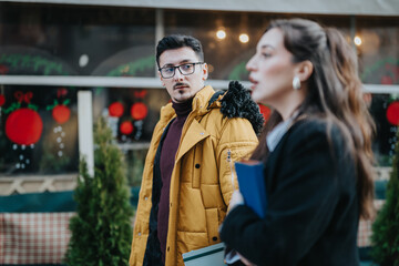 Obraz premium Two business professionals engaged in discussion outside with festive decorations in the background. The image showcases teamwork, communication, and the holiday season spirit.