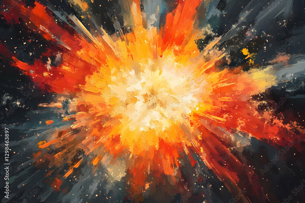Poster an abstract digital painting of an explosion, with vibrant colors and fluid shapes creating dynamic 