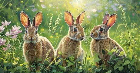 Fototapeta premium Three rabbits in a vibrant green field surrounded by wildflowers, basking in sunlight, showcasing nature's beauty