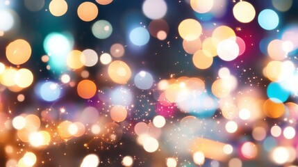 Colorful bokeh lights create a festive atmosphere in an urban setting during the evening