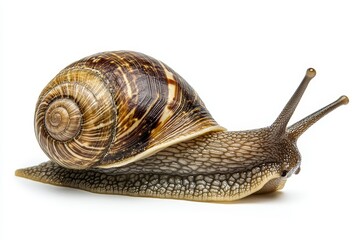 Snail Shell Closeup - Detailed close-up of a snail, showcasing its textured shell and body. Isolated on white