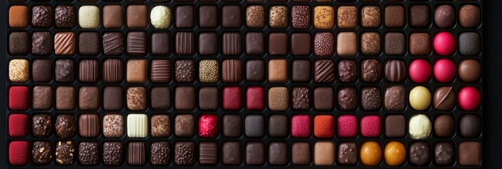 Assortment of Fine Chocolates Flat Lay Delectable Variety in a Box, ideal Image for Confectionery.