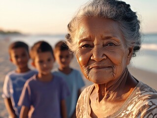 Grandmother with Grandchildren on the Beach