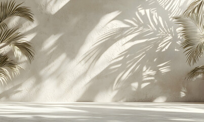 Textured wall with tropical leaves shadows in minimalist 3D room.