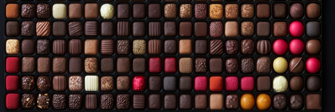 Assortment of Fine Chocolates Flat Lay Delectable Variety in a Box, ideal Image for Confectionery.