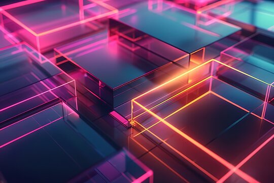 A collection of overlapping translucent squares with glowing neon edges and shadow effects for depth