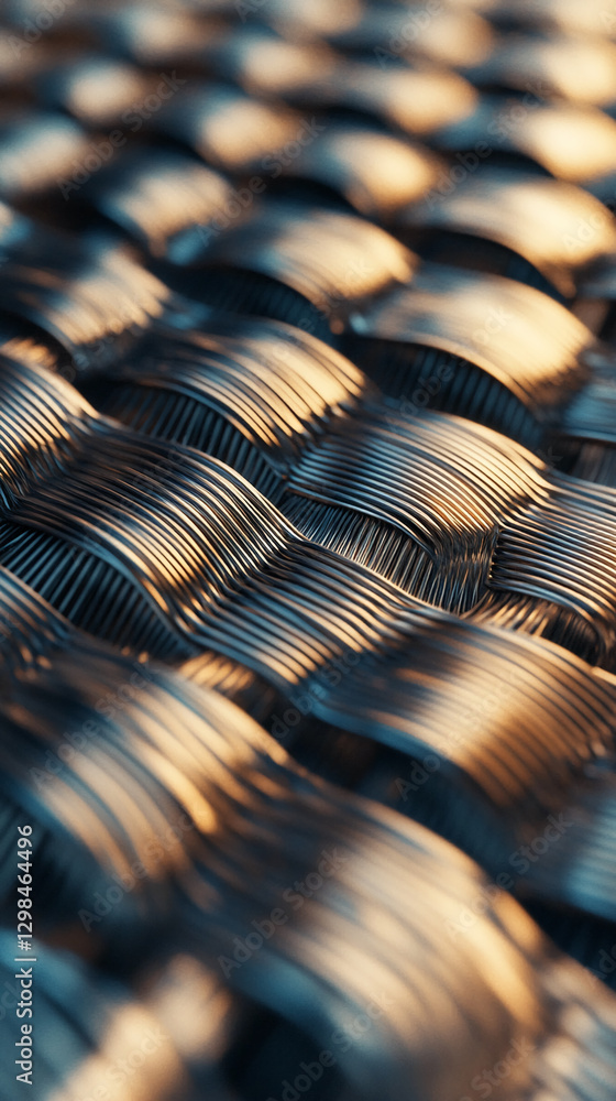 Aufkleber Close-up view of woven metallic wire with a smooth texture, reflecting light and creating a glossy, industrial design, showcasing the strength and intricacy of the material.